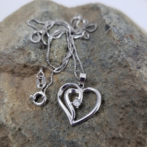 Diamond heart pendant necklace slider heart sterling silver - Picture 1 of 10
